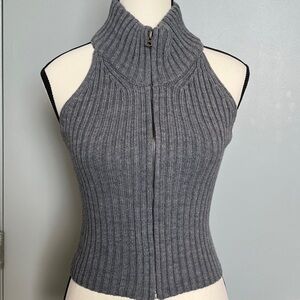 New zip up knitted sweater vest high collar grey backless